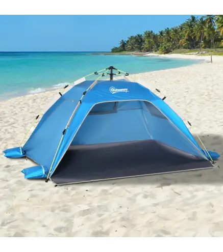 Carpa de Playa Pop-up para 1-2 Personas con 2 Accesos y 2 Ventanas y Bolsa de Transporte 220x173x120 cm Azul Claro