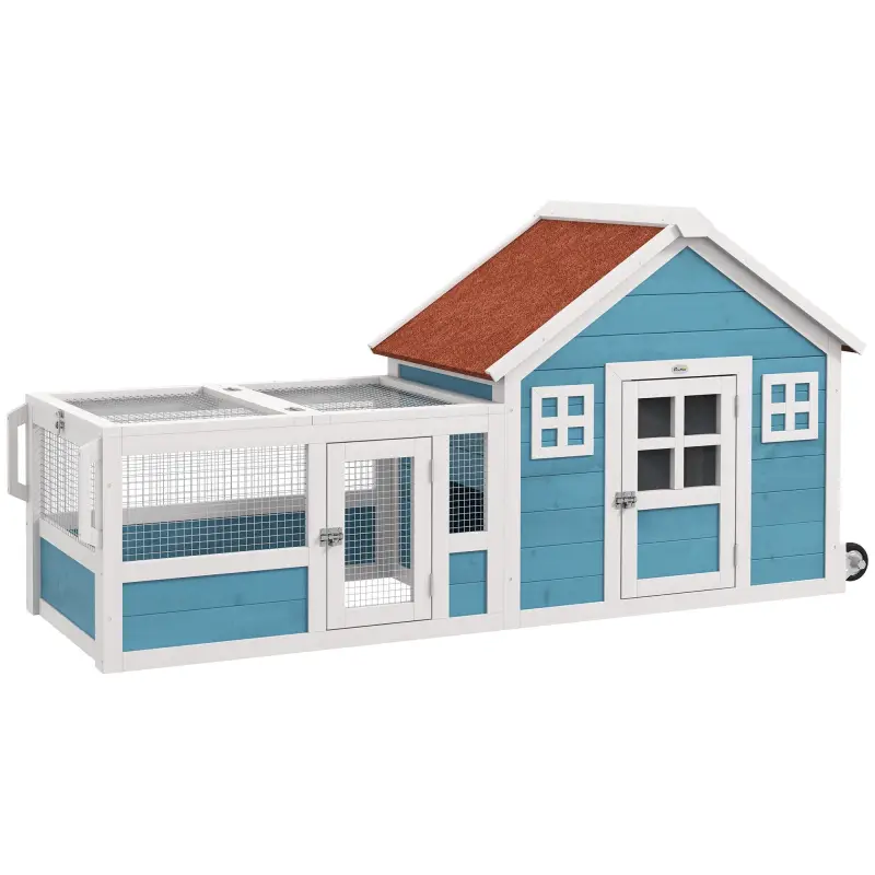 Jaula para Conejo Grande con 2 Ventanas de Decoración Ruedas 1 Puerta 1 Rampa y Techo de Asfalto 162,5x59,2x77,6 cm Azul