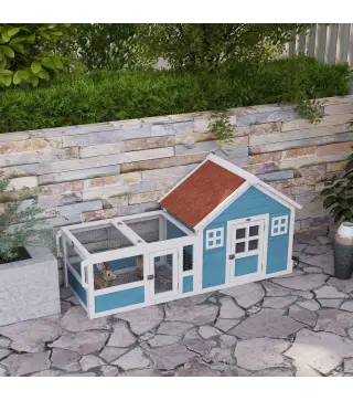 Jaula para Conejo Grande con 2 Ventanas de Decoración Ruedas 1 Puerta 1 Rampa y Techo de Asfalto 162,5x59,2x77,6 cm Azul