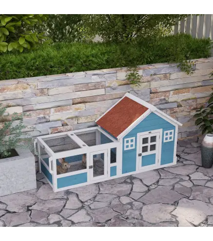 Jaula para Conejo Grande con 2 Ventanas de Decoración Ruedas 1 Puerta 1 Rampa y Techo de Asfalto 162,5x59,2x77,6 cm Azul