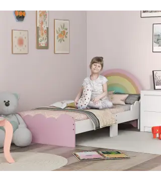Cama Infantil de Madera 143x74x66 cm en Forma de Arcoíris Mueble de Dormitorio Moderno Carga 80 kg Rosa