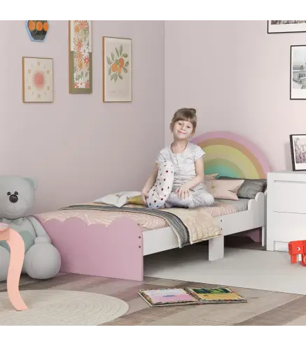 Cama Infantil de Madera 143x74x66 cm en Forma de Arcoíris Mueble de Dormitorio Moderno Carga 80 kg Rosa