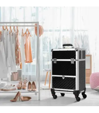 Maletín de Maquillaje Profesional con Cajón Maleta de Maquillaje con Ruedas para Viaje Trabajo 34x25x62 cm Negro