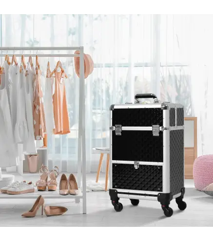 Maletín de Maquillaje Profesional con Cajón Maleta de Maquillaje con Ruedas para Viaje Trabajo 34x25x62 cm Negro