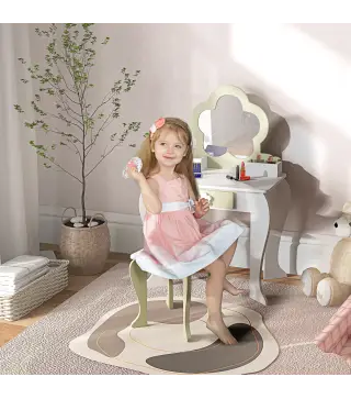 Tocador para Niñas con Espejo y Taburete Tocador de Maquillaje con 2 Cajas y 1 Cajón 55x34x87,5 cm Blanco y Verde Pastel