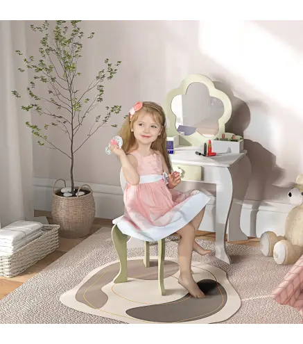 Tocador para Niñas con Espejo y Taburete Tocador de Maquillaje con 2 Cajas y 1 Cajón 55x34x87,5 cm Blanco y Verde Pastel
