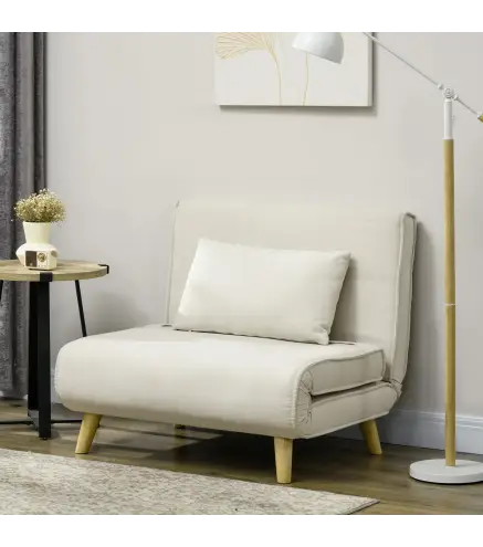 Sillón Cama Individual 3 en 1 Sofá Cama Plegable con Respaldo Ajustable y Cojín para Sala Dormitorio 90x78x79 cm Crema