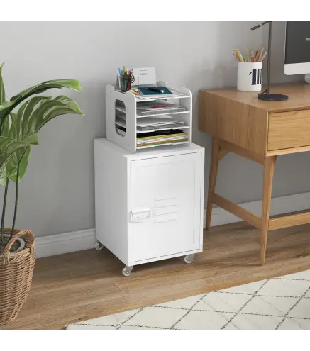 Mueble Archivador con Ruedas Estante Ajustable y Puerta de Metal para Tamaño A4 para Estudio 38x38,5x55,5 cm Blanco