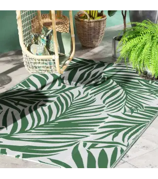 Alfombra Reversible 152x243 cm con Patrón de Hojas para Terraza Balcón Patio Camping Playa Verde Oscuro y Blanco