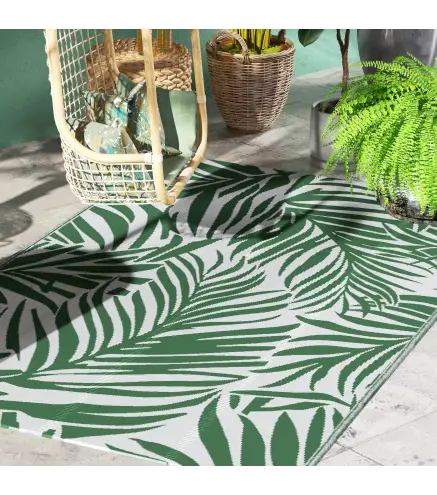 Alfombra Reversible 152x243 cm con Patrón de Hojas para Terraza Balcón Patio Camping Playa Verde Oscuro y Blanco