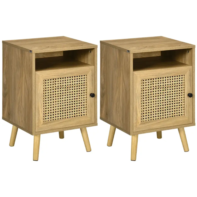 Juego de 2 Mesillas de Noche Estilo Cannage con Puerta y Estante Abierto Mesas Auxiliares 39x35x60 cm Natural