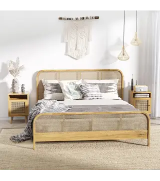 Juego de 2 Mesillas de Noche Estilo Cannage con Puerta y Estante Abierto Mesas Auxiliares 39x35x60 cm Natural