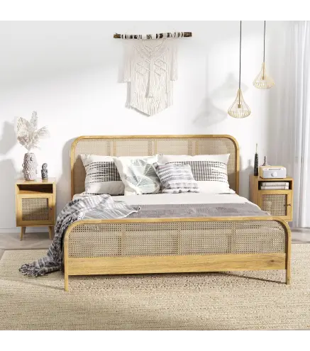 Juego de 2 Mesillas de Noche Estilo Cannage con Puerta y Estante Abierto Mesas Auxiliares 39x35x60 cm Natural