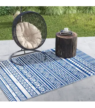 Alfombra Reversible 182x274 cm Estilo Moderno para Terraza Balcón Patio Camping Playa Azul Oscuro y Blanco