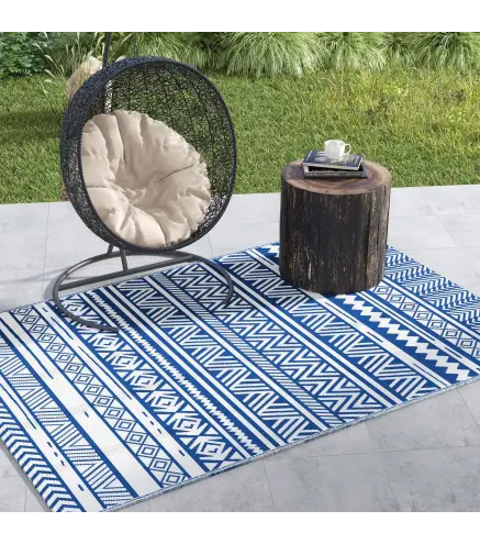 Alfombra Reversible 182x274 cm Estilo Moderno para Terraza Balcón Patio Camping Playa Azul Oscuro y Blanco