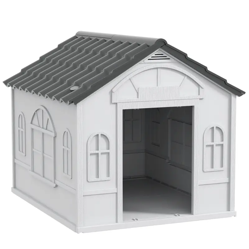 Casa para Perros 65x75,7x63 cm con Patrón de Ventana y Techo de Tejas de Imitación para Perros Medianos Gris y Blanco