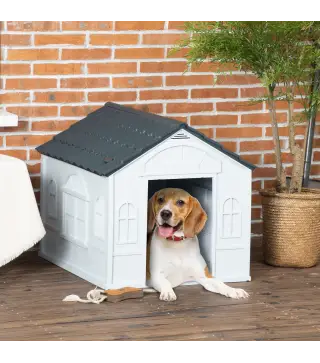 Casa para Perros 65x75,7x63 cm con Patrón de Ventana y Techo de Tejas de Imitación para Perros Medianos Gris y Blanco