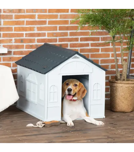 Casa para Perros 65x75,7x63 cm con Patrón de Ventana y Techo de Tejas de Imitación para Perros Medianos Gris y Blanco