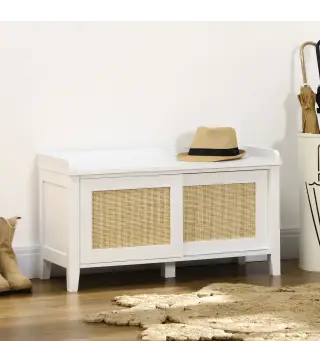 Mueble Zapatero con Banco con 2 Puertas de Ratán Estilo Cannage Carga 130 kg para Pasillo 80x35x45 cm Blanco y Natural