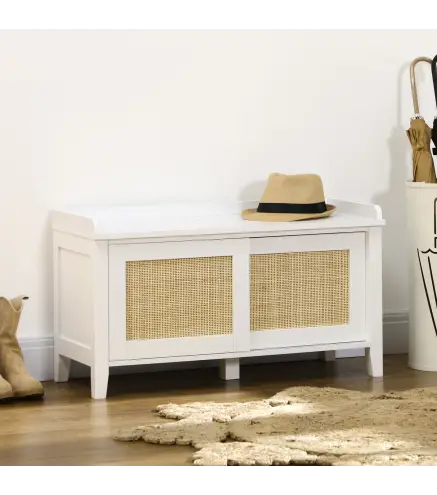Mueble Zapatero con Banco con 2 Puertas de Ratán Estilo Cannage Carga 130 kg para Pasillo 80x35x45 cm Blanco y Natural