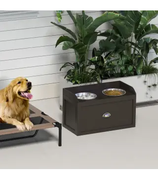 Comedero Elevado para Perros Grandes con 2 Cuencos de 2000 ml de Acero Inoxidable y 1 Cajón 63x30x36 cm Marrón