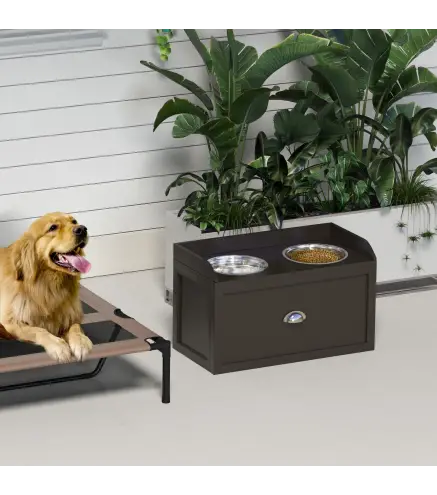 Comedero Elevado para Perros Grandes con 2 Cuencos de 2000 ml de Acero Inoxidable y 1 Cajón 63x30x36 cm Marrón