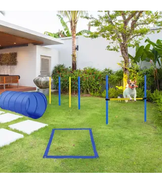 Set de Entrenamiento de Agilidad para Perros Obstáculos de Salto con Altura Ajustable Túnel para Perros Azul y Amarillo