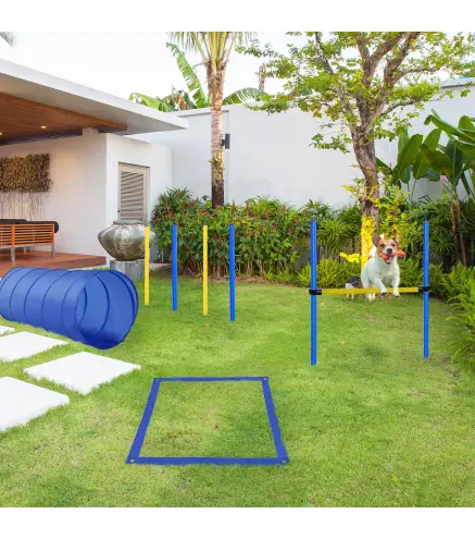 Set de Entrenamiento de Agilidad para Perros Obstáculos de Salto con Altura Ajustable Túnel para Perros Azul y Amarillo