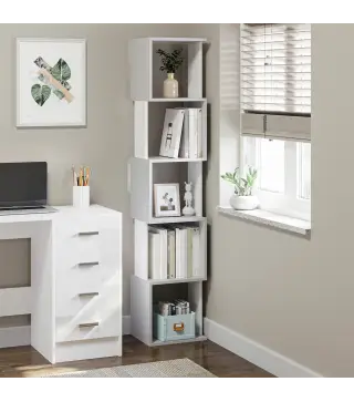 Estantería Librería en Forma S Estantería para Libros con 5 Estantes para Salón Oficina 33x28x161 cm Blanco y Gris