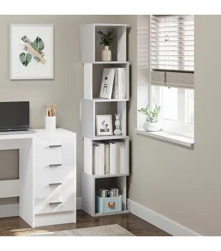 Estantería Librería en Forma S Estantería para Libros con 5 Estantes para Salón Oficina 33x28x161 cm Blanco y Gris