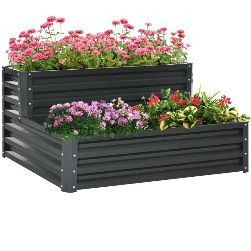 Jardinera Exterior de Acero con Diseño de Escalera para Cultivos Plantas Flores 120x101x58 cm Gris Oscuro