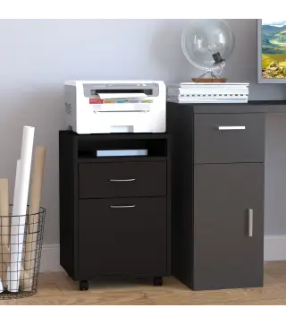 Cajonera de Oficina Móvil con Cajón y Armario con Ruedas Soporte de Impresora para Estudio 40x35x60 cm Negro