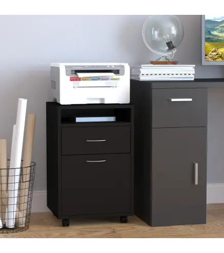 Cajonera de Oficina Móvil con Cajón y Armario con Ruedas Soporte de Impresora para Estudio 40x35x60 cm Negro