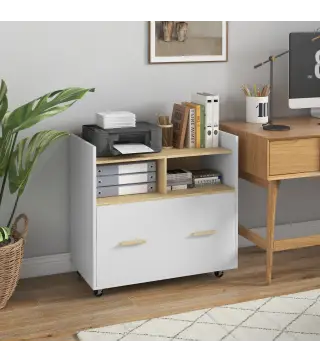 Armario Archivador con Ruedas Cajón Barras Colgantes para Tamaño A4 y 2 Compartimentos 76x40x75,5 cm Roble y Blanco