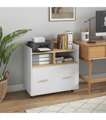 Armario Archivador con Ruedas Cajón Barras Colgantes para Tamaño A4 y 2 Compartimentos 76x40x75,5 cm Roble y Blanco