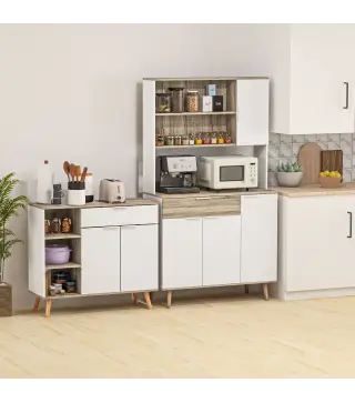 Aparador de Cocina con 1 Cajón 2 Puertas de Cierre Suave y Estantes Ajustables para Comedor 95x35x85 cm Blanco y Natural