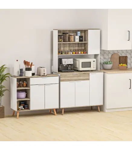 Aparador de Cocina con 1 Cajón 2 Puertas de Cierre Suave y Estantes Ajustables para Comedor 95x35x85 cm Blanco y Natural