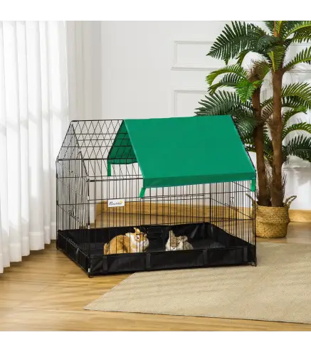 Jaula para Animales Pequeños con 2 Puertas Parque para Mascotas con Toldo y Base con Tela 90x75x75 cm Negro y Verde