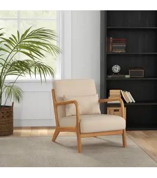 Butaca Nórdica Sillón de Salón Acolchado con Reposabrazos Cojín y Marco de Madera de Caucho 61x78x76 cm Beige