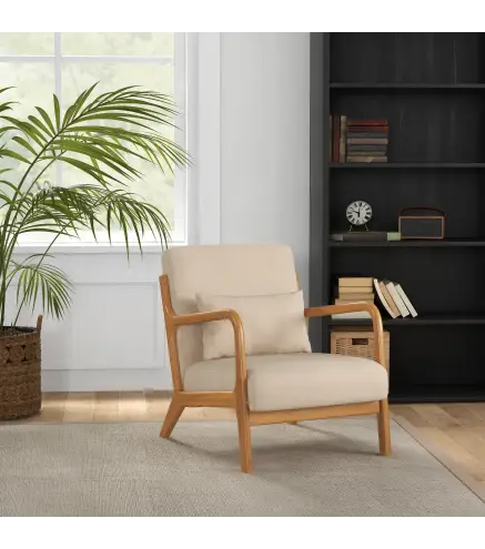 Butaca Nórdica Sillón de Salón Acolchado con Reposabrazos Cojín y Marco de Madera de Caucho 61x78x76 cm Beige