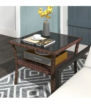 Mesa de Ratán PE Cuadrada 50x50x45 cm Mesa de Jardín con Estante Encimera de Cristal y Marco de Acero Carga 30 kg Marrón