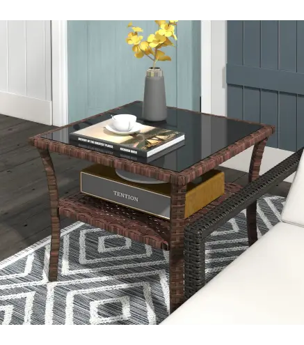 Mesa de Ratán PE Cuadrada 50x50x45 cm Mesa de Jardín con Estante Encimera de Cristal y Marco de Acero Carga 30 kg Marrón