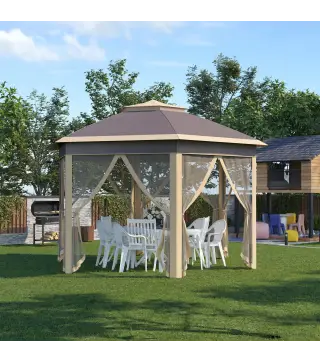 Cenador de Jardín Hexagonal 4,05x3,4x2,85 m con Doble Techo 6 Mosquiteras Desmontables Bolsa y Anti-UV Beige