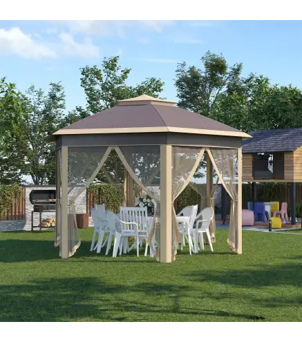 Cenador de Jardín Hexagonal 4,05x3,4x2,85 m con Doble Techo 6 Mosquiteras Desmontables Bolsa y Anti-UV Beige