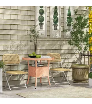 Mesa de Ratán Ø80x75 cm Mesa de Jardín con Estante Patas Ajustable Encimera de Cristal y Marco de Acero Natural