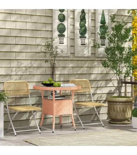 Mesa de Ratán Ø80x75 cm Mesa de Jardín con Estante Patas Ajustable Encimera de Cristal y Marco de Acero Natural