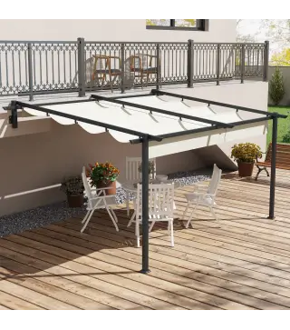 Pérgola 4x3 m Cenador de Jardín con Techo Retráctil de Poliéster y Marco de Acero Crema y Gris Oscuro