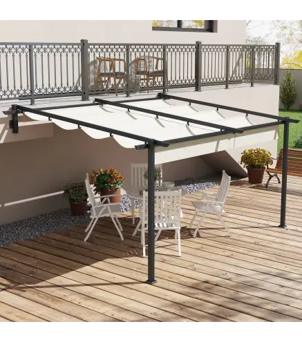 Pérgola 4x3 m Cenador de Jardín con Techo Retráctil de Poliéster y Marco de Acero Crema y Gris Oscuro