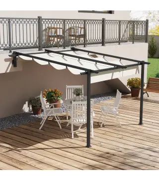Pérgola 3x3 m Cenador de Jardín con Techo Retráctil de Poliéster y Marco de Acero Crema y Gris Oscuro