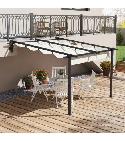 Pérgola 3x3 m Cenador de Jardín con Techo Retráctil de Poliéster y Marco de Acero Crema y Gris Oscuro